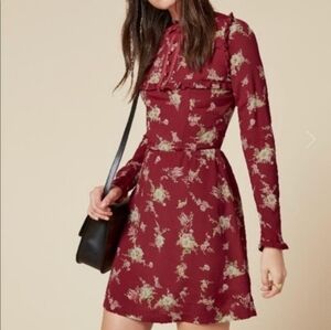 Reformation myles‎ high neck mini red dress floral long sleeve 0